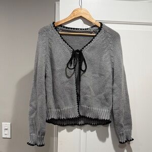 Gray Knit Sweater with Black Trim